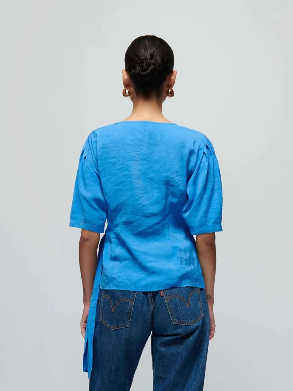Nation LTD Luisa Tie Front Wrap Top Blouse Palace Blue Size 2/M - Picture 3 of 9